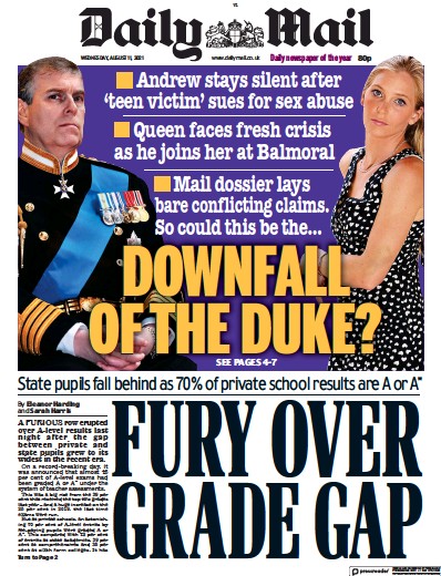 Daily Mail Newspaper Front Page (UK) for 11 August 2021