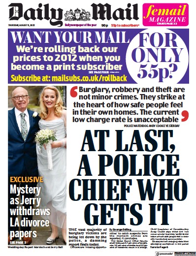 Daily Mail Newspaper Front Page (UK) for 11 August 2022