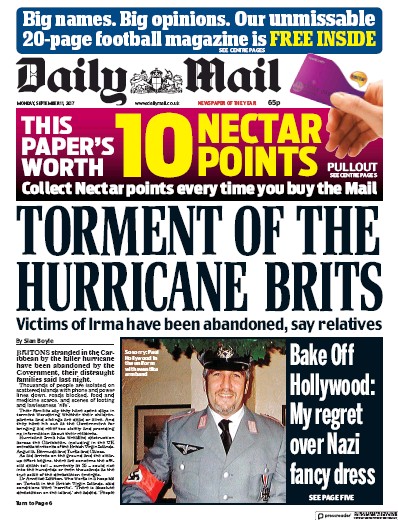 Daily Mail Newspaper Front Page (UK) for 11 September 2017