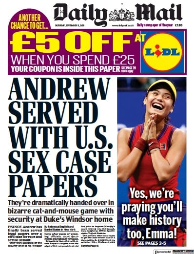Daily Mail Newspaper Front Page (UK) for 11 September 2021