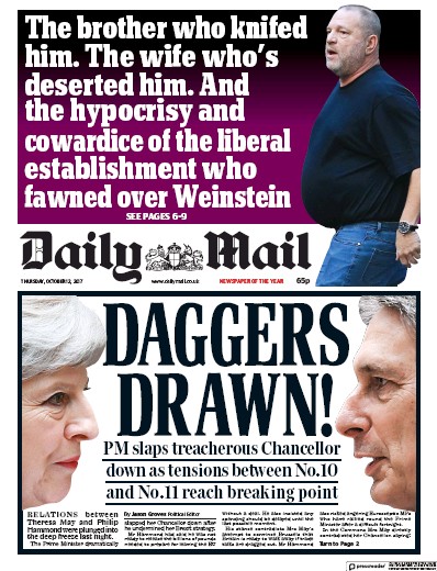 Daily Mail Newspaper Front Page (UK) for 12 October 2017