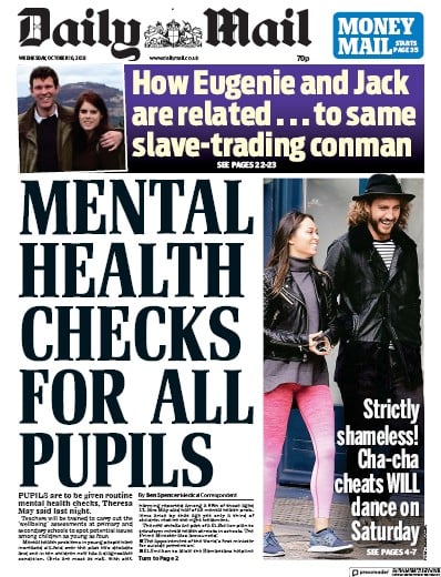 Daily Mail Newspaper Front Page (UK) for 12 October 2018