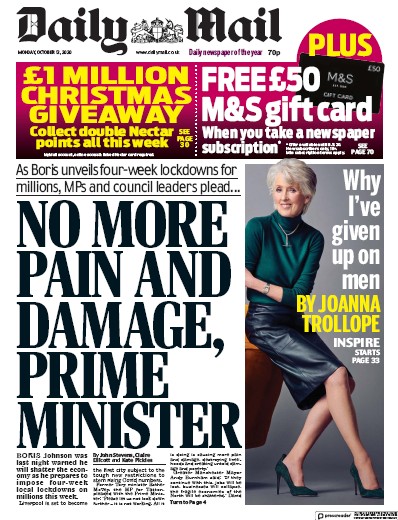 Daily Mail Newspaper Front Page (UK) for 12 October 2020