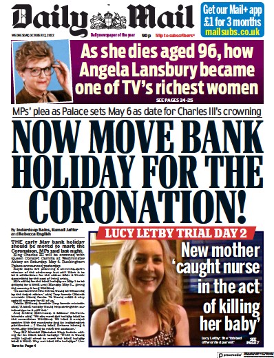 Daily Mail Newspaper Front Page (UK) for 12 October 2022
