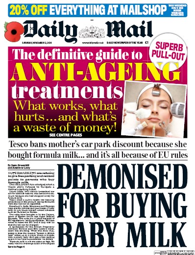 Daily Mail Newspaper Front Page (UK) for 12 November 2016