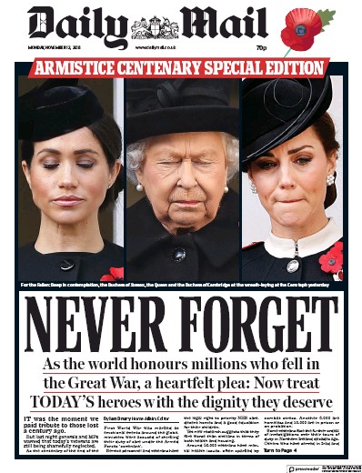 Daily Mail Newspaper Front Page (UK) for 12 November 2018