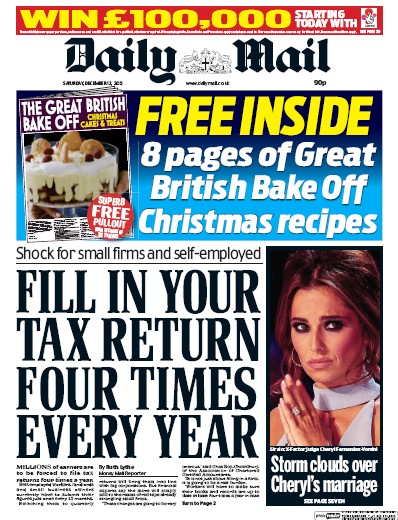 Daily Mail Newspaper Front Page (UK) for 12 December 2015