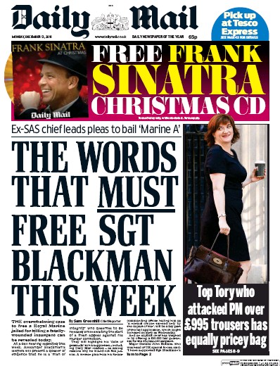 Daily Mail Newspaper Front Page (UK) for 12 December 2016