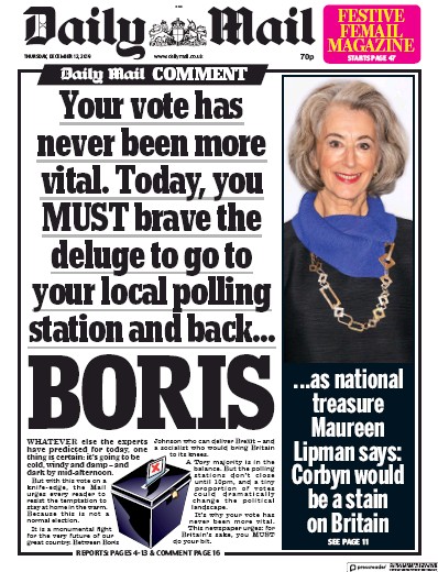 Daily Mail Newspaper Front Page (UK) for 12 December 2019