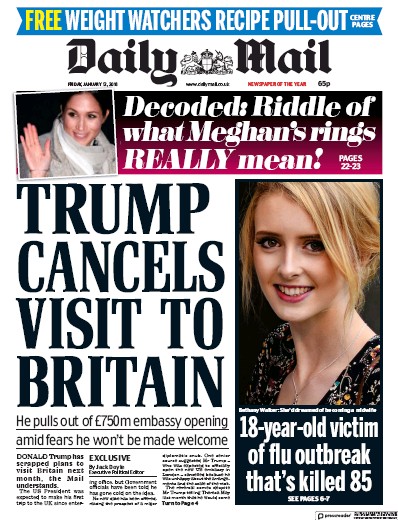 Daily Mail Newspaper Front Page (UK) for 12 January 2018