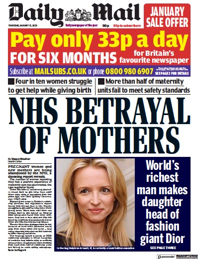 Daily Mail Newspaper Front Page (UK) for 12 January 2023