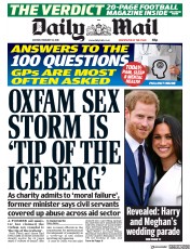 Daily Mail (UK) Newspaper Front Page for 12 February 2018