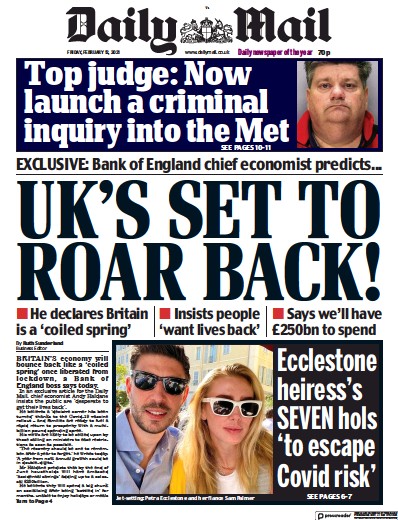 Daily Mail Newspaper Front Page (UK) for 12 February 2021