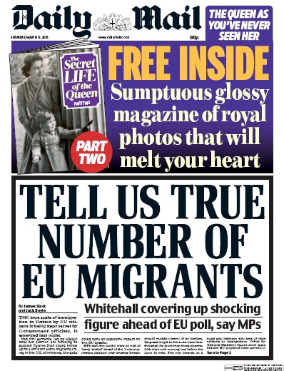 Daily Mail Newspaper Front Page (UK) for 12 March 2016