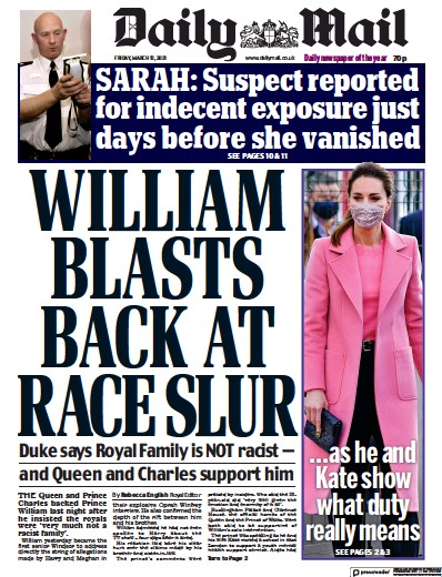 Daily Mail Newspaper Front Page (UK) for 12 March 2021