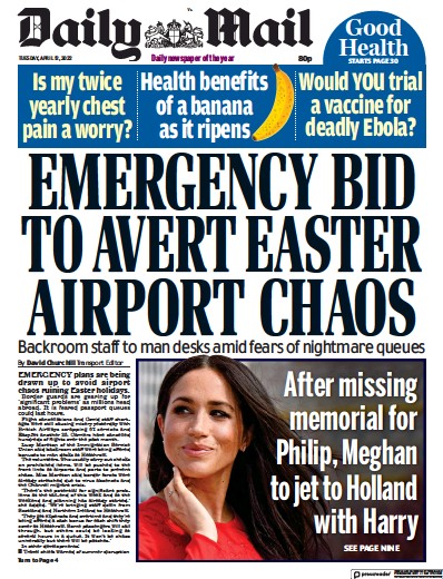 Daily Mail Newspaper Front Page (UK) for 12 April 2022