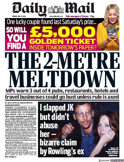 Daily Mail Newspaper Front Page (UK) for 12 June 2020