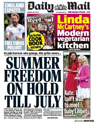 Daily Mail Newspaper Front Page (UK) for 12 June 2021