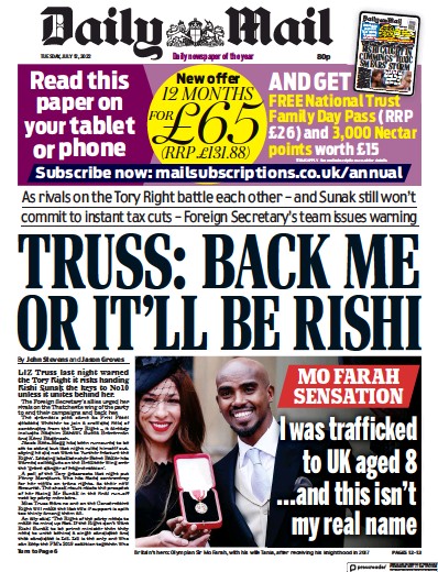 Daily Mail Newspaper Front Page (UK) for 12 July 2022