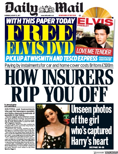 Daily Mail Newspaper Front Page (UK) for 12 August 2017