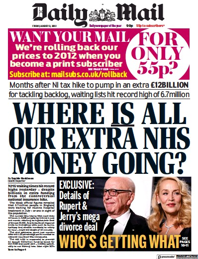 Daily Mail Newspaper Front Page (UK) for 12 August 2022