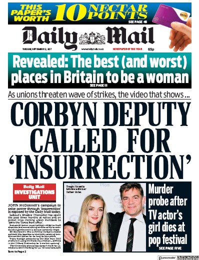 Daily Mail Newspaper Front Page (UK) for 12 September 2017