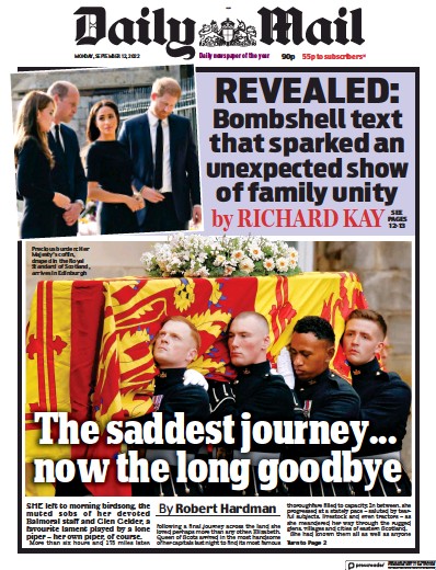 Daily Mail Newspaper Front Page (UK) for 12 September 2022