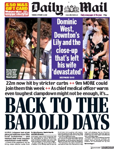 Daily Mail Newspaper Front Page (UK) for 13 October 2020