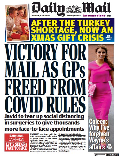 Daily Mail Newspaper Front Page (UK) for 13 October 2021