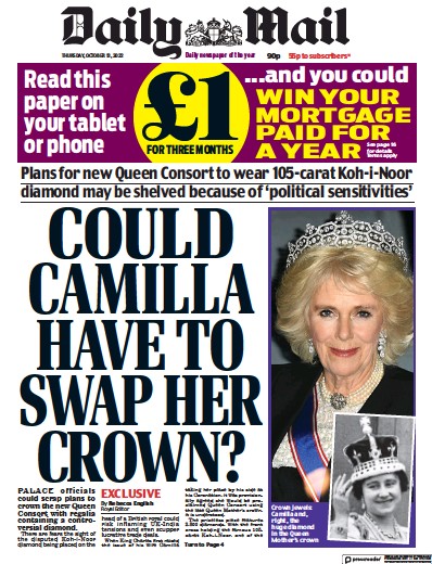 Daily Mail Newspaper Front Page (UK) for 13 October 2022