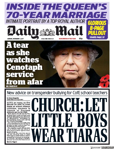 Daily Mail Newspaper Front Page (UK) for 13 November 2017