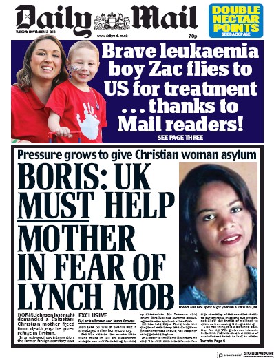 Daily Mail Newspaper Front Page (UK) for 13 November 2018