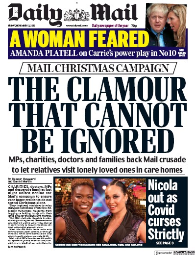 Daily Mail Newspaper Front Page (UK) for 13 November 2020