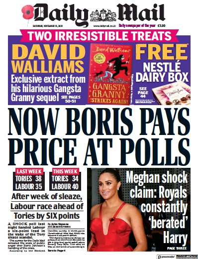 Daily Mail Newspaper Front Page (UK) for 13 November 2021