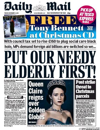 Daily Mail Newspaper Front Page (UK) for 13 December 2016