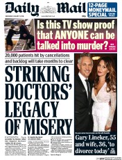 Daily Mail (UK) Newspaper Front Page for 13 January 2016