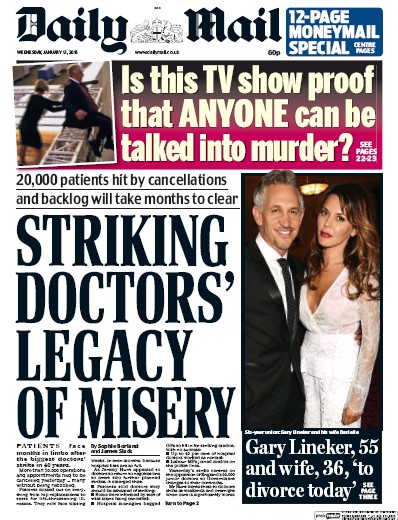 Daily Mail Newspaper Front Page (UK) for 13 January 2016