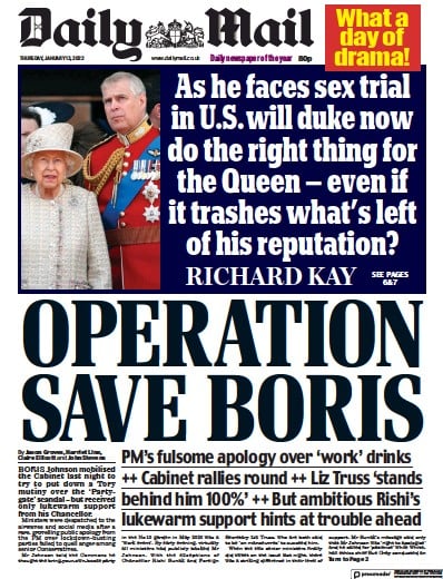 Daily Mail Newspaper Front Page (UK) for 13 January 2022