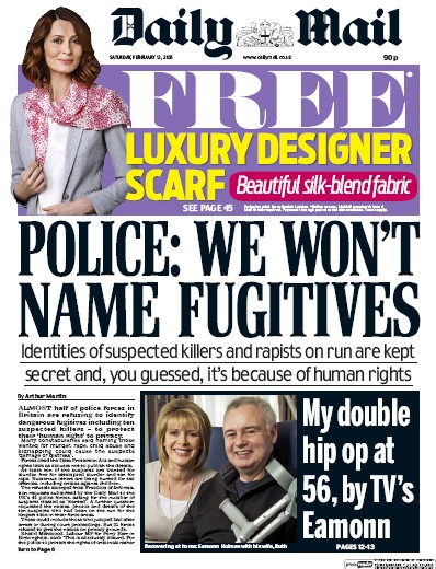Daily Mail Newspaper Front Page (UK) for 13 February 2016