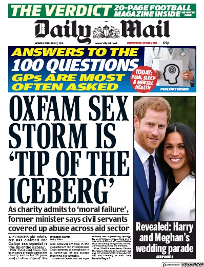 Daily Mail Newspaper Front Page (UK) for 13 February 2018