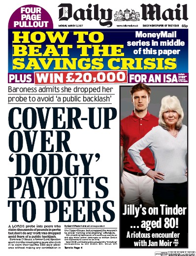 Daily Mail Newspaper Front Page (UK) for 13 March 2017
