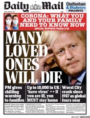 Daily Mail (UK) Newspaper Front Page for 13 March 2020