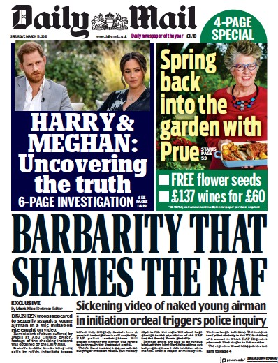 Daily Mail Newspaper Front Page (UK) for 13 March 2021