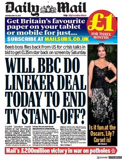 Daily Mail Newspaper Front Page (UK) for 13 March 2023