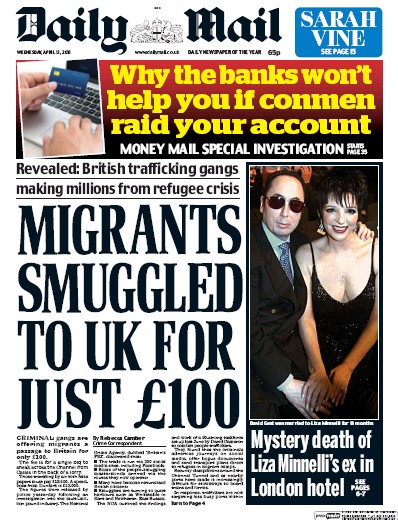 Daily Mail Newspaper Front Page (UK) for 13 April 2016