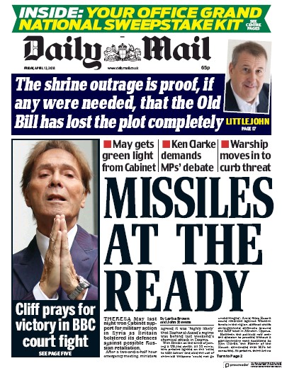 Daily Mail Newspaper Front Page (UK) for 13 April 2018
