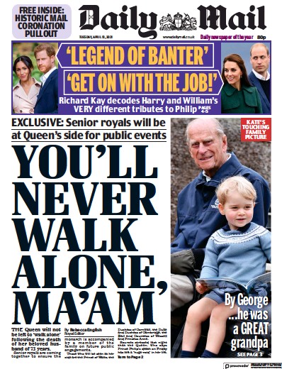 Daily Mail Newspaper Front Page (UK) for 13 April 2021