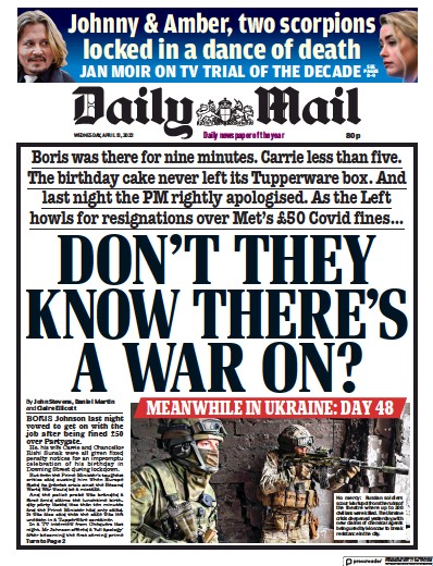 Daily Mail Newspaper Front Page (UK) for 13 April 2022