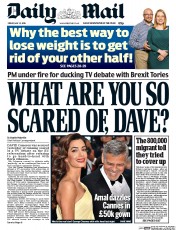 Daily Mail (UK) Newspaper Front Page for 13 May 2016