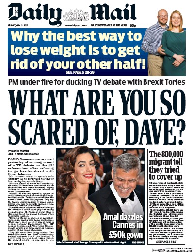 Daily Mail Newspaper Front Page (UK) for 13 May 2016